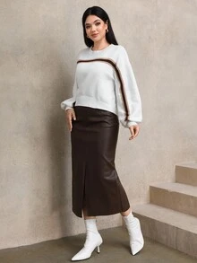 Lacomfia Sweater Wanita Bergaris Colorblock yang Modis & Elegan - Putih - View 4