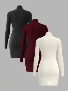 SHEIN BASICS 3pcs Solid Color Knit Long Sleeve Fitted Turtleneck Mini Dress For Women - Burgundy - View 2
