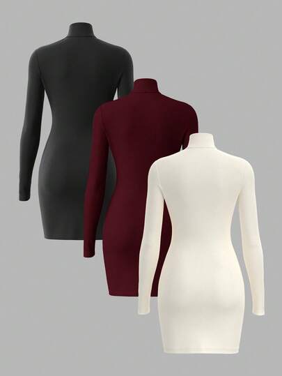 SHEIN BASICS 3件套纯色针织长袖修身高领迷你连衣裙（女款）