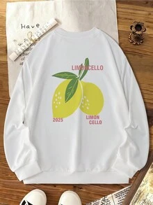 Glissea 女士休闲时尚柠檬印花宽松圆领短袖运动衫，百搭简约，春秋季 - 白色 - 查看 2