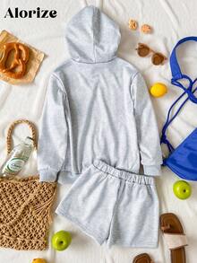 Tween Girl Starfish Print Long Sleeve Hoodie And Shorts Casual Outfit, Autumn - Light Grey - View 2