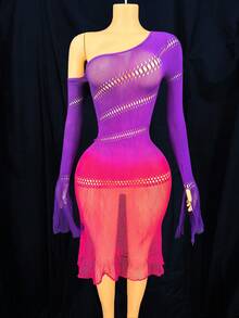 SHEIN 女士性感内衣裙，渐变紫色长袖连衣裙，性感诱人的高端晚礼服 - 彩色 - 查看 5