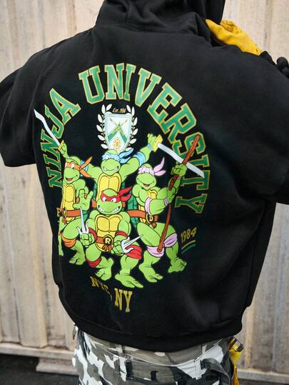TEENAGE MUTANT NINJA TURTLES X ROMWE Men's Casual Turtle & Letter Graphic Drop Shoulder Hoodie, Autumn