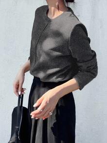 FRIFUL Women's Solid Khaki Round Neck Long Sleeve Loose Casual Versatile T-Shirt, Autumn