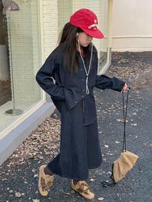 DAZY Tween Girl Fashion Solid Color Long Sleeve Loose Fit Shirt Denim Set - Blue - View 7