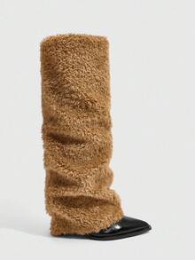 Daringsoles Women's Fashionable Fluffy High Heel Over-The-Knee Boots For Christmas - Black - View 2