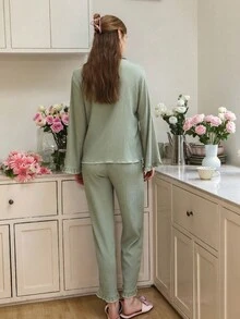 Women Fashionable Comfortable Loose Long Sleeve Top & Pants Pajama Set Lounge Set, Fall Clothes  Cozy And Elegant Details - Green - View 2