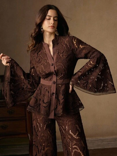 Anewsta Romantic Elegant Hollow Rose Floral Flare Sleeve V-Neck Women Jacket