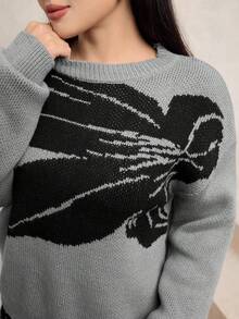 Modelyn 女式花卉图案圆领落肩长袖毛衣和针织中长裙休闲两件套，秋冬 - 深灰色 - 查看 7