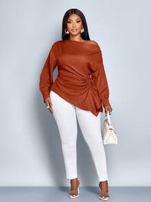 SOLERSUN Áo cánh thời trang mùa thu đông màu trơn tay dài không đối xứng, cổ bẻ, dây rút bên hông, viền bất đối xứng, vải dệt màu xanh lam, dùng để mua sắm và hẹn hò cho nữ cỡ lớn - Rỉ Nâu - Xem 5