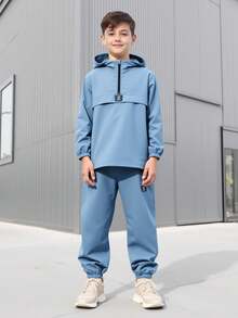 SHEIN 2pcs/Set Tween Boy Half-Zip Hooded Jacket & Jogger Pants Casual Sporty Set, Suitable For Autumn/Winter Season