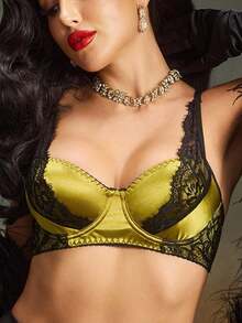 SHEIN Plus Size Women Lace Patchwork Comfortable Underwire Bra - Gold - View 5