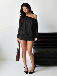 SHEIN PETITE Váy mini ôm sát tay dài hở vai gợi cảm, phong cách đường phố cho lễ hội âm nhạc, váy mùa hè cho nữ - màu đen - Xem 4