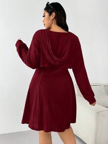 SHEIN EZwear Plus Size Wine Red Chunky Rib Knit Sweatshirt Dress Set, Early Autumn - Burgundy - View 2