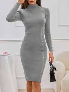 EURMUSE Mock Neck Button Front Sweater Dress Without Belt - Grey - View 6