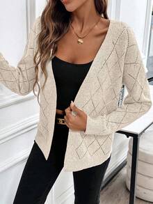 EMERY ROSE Casual Comfortable Hollow Diamond Pattern Cardigan For Women - 杏色 - 查看 6