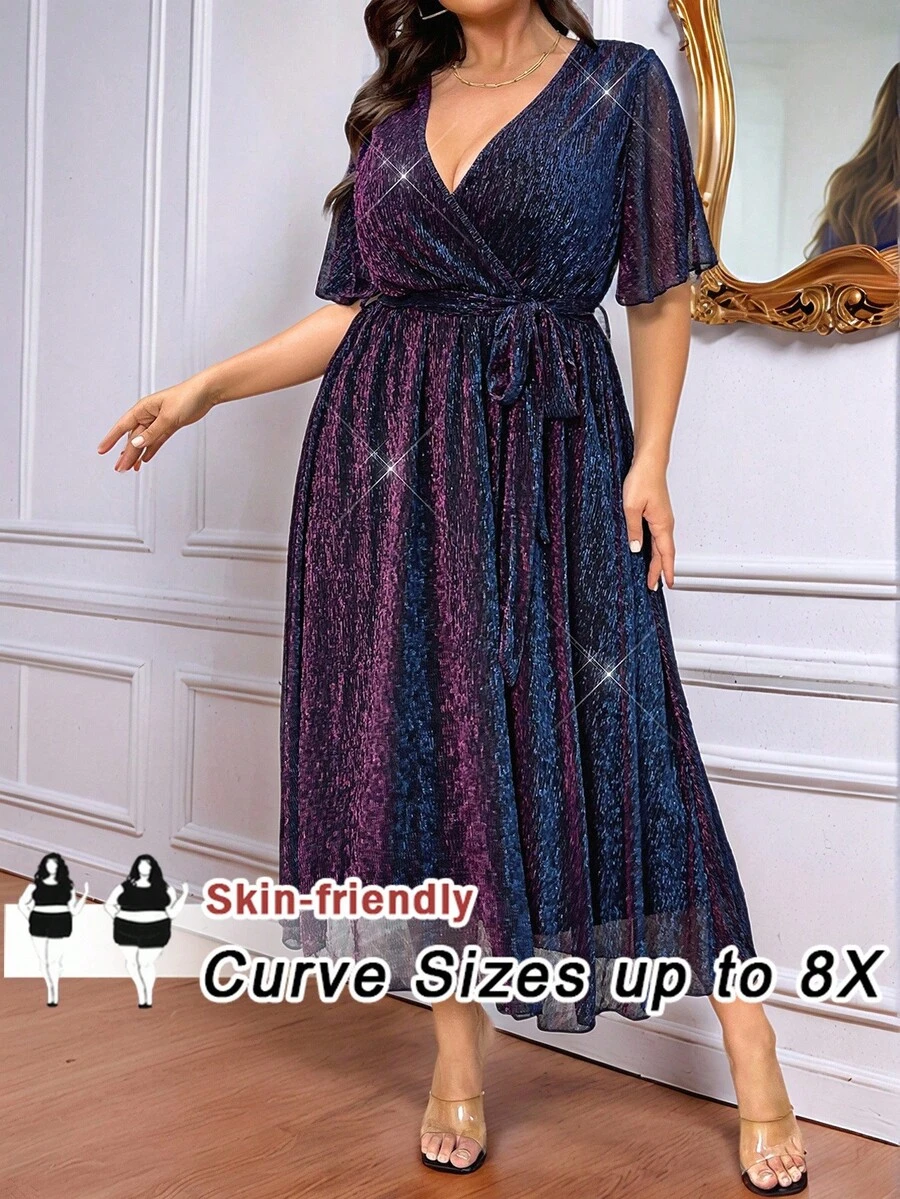 SHEIN CURVE+ Vestido midi de línea A con cuello en V profundo, cintura con efecto ombre y brillo, para mujer de talla grande, para uso en fiestas