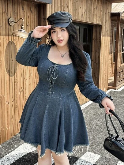 Rivivi 大码女式无弹力牛仔连衣裙，方领，高腰，流苏饰边，复古美式牛仔连衣裙，适合曲线女性，长袖