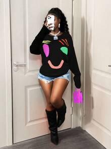BamGleam Smiling Face Patchwork Crew Neck Casual Versatile Long Sleeve Knit Pullover - Black - View 6