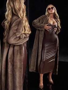 SHEIN BAE 秋冬纯棕色/咖啡色 PU 皮革性感简约紧身胸衣连体衣，修身长肩带连衣裙，适合鸡尾酒会、浪漫约会、分层连衣裙、派对、夜总会、万圣节、圣诞节 - 咖啡棕 - 查看 2