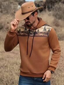 Manfinity Nomadique Men Western Mountain Print Patchwork Hoodie, Fall