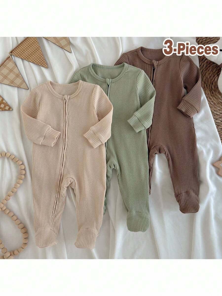 Loomiva 新生儿三件套柔软针织服装套装 - 长袖连体衣和裤子