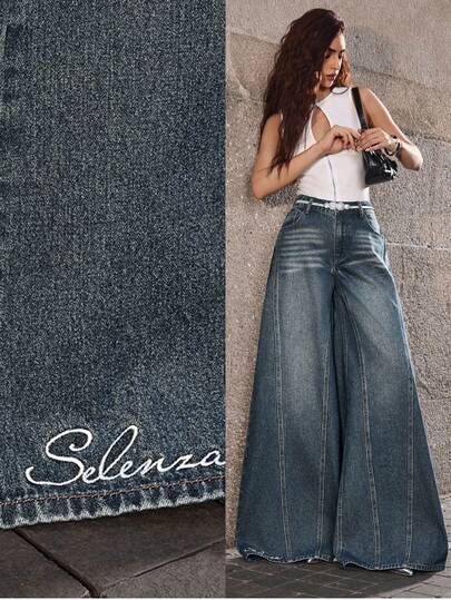 Selenza 女式英式刺绣超大阔腿牛仔裤