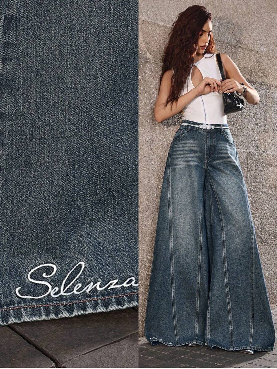 Selenza Quần Jeans Ống Rộng Cỡ Lớn Thêu Chữ Tiếng Anh Cho Nữ - Màu xanh bụi bặm - Xem 1