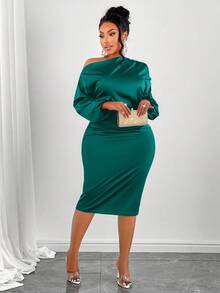 SOLERSUN Christmas Women's Fashion Solid Color Asymmetric Neckline Ruched Side Satin Bodycon Dress Maxi Women Outfit - Dark Green - View 2