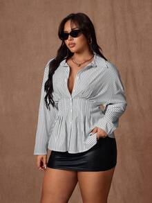Rustia Plus Size Women's Autumn/Winter Striped Ruffle Long Sleeve Cinched Waist Button-Front A-Line Shirt Dress