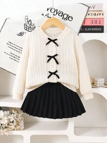 2pcs/Set Girls'Bow Decor Apricot Wool Blend Jacket And Black Velvet Pleated Skirt Outfit,Suitable For Autumn,Family Matching,Back-To-School,Holidays - Apricot - View 1