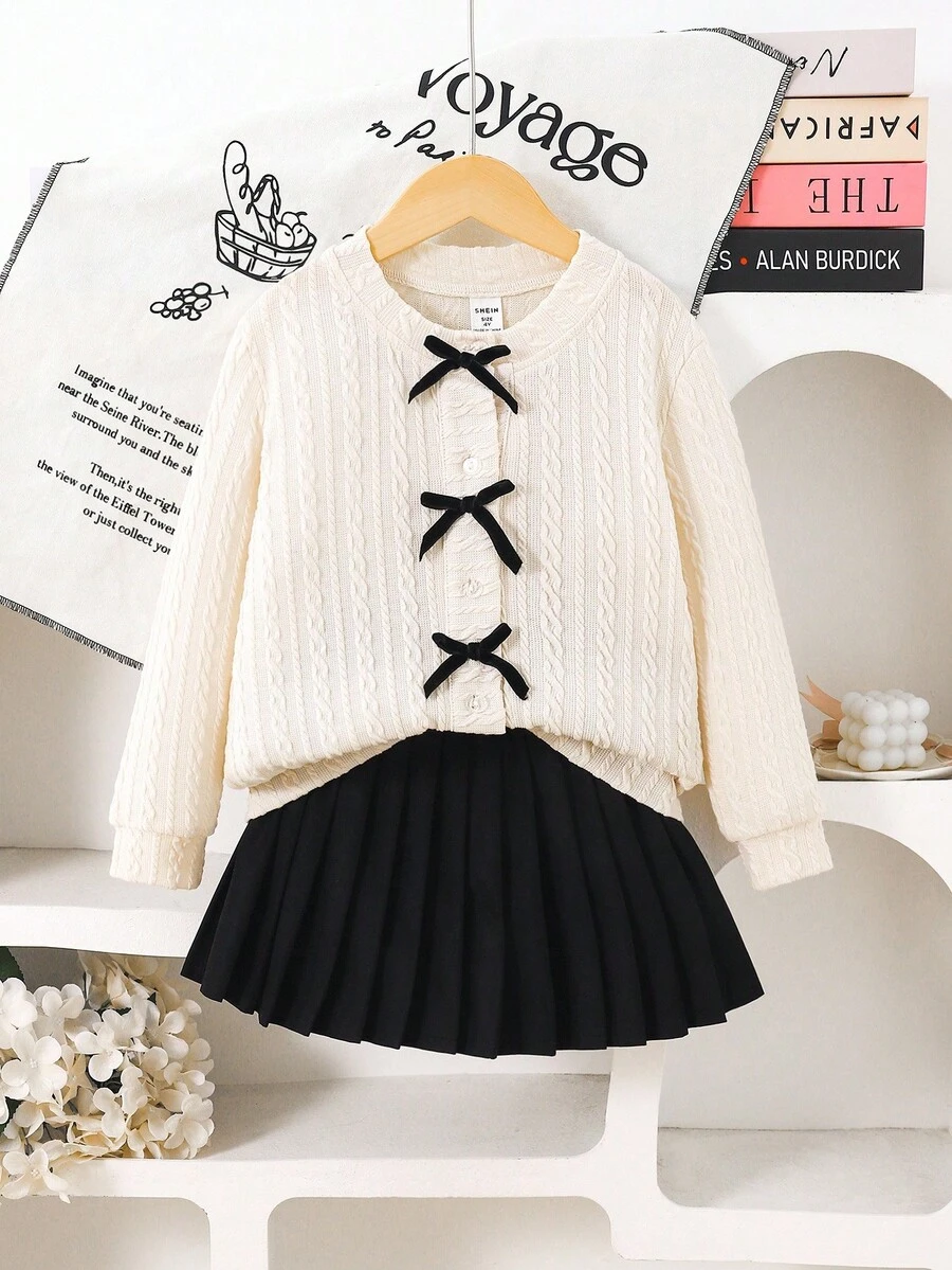 2pcs/Set Girls'Bow Decor Apricot Wool Blend Jacket And Black Velvet Pleated Skirt Outfit,Suitable For Autumn,Family Matching,Back-To-School,Holidays - Apricot - View 1