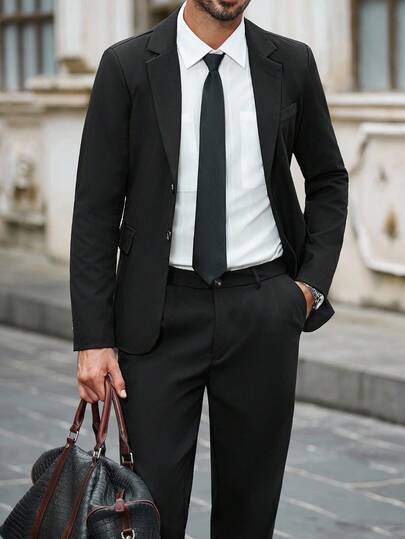 Manfinity Bizformal Men's Solid Color Business Commute Suit Set (Jacket And Pants) Men Suits Slim Fit Men Black Dress Pants Men Office Wear Men Black Suit