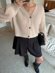 加大落肩纽扣前开衫，适合冬季 - 卡其色 - 查看 4