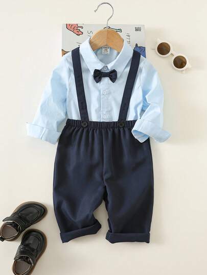 SHEIN 2pcs Baby Boys Casual Adorable Gentleman Outfit Set, Bow Tie & Shirt& Pants With Bow Tie And Suspender, Perfect For Holiday Party, Birthday Party