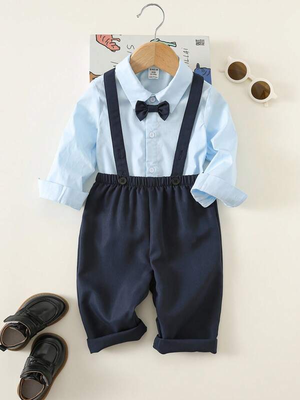 SHEIN 2pcs Baby Boys Casual Adorable Gentleman Outfit Set, Bow Tie & Shirt& Pants With Bow Tie And Suspender, Perfect For Holiday Party, Birthday Party