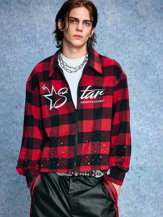 Street Life Cappotto invernale da uomo in misto lana a quadri con ricamo di lettere e strass