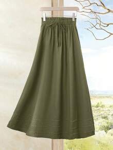 SHEIN LUNE 女士纯色打结装饰休闲百搭亚麻半身裙，舒适秋冬夏季新年款 - 軍綠色 - 查看 8