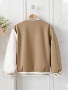 Girls' Casual Colorful 3D Floral Contrast Color Baseball Jacket, Spring/Autumn - Khaki - View 2