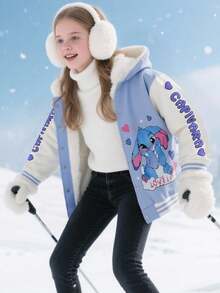 SHEIN Tween Girl Letter & Cartoon Print Zip-Up Thermal Lined Hoodie Jacket, Autumn/Winter Fall