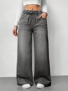 SHEIN Tall 女士牛仔裤休闲高腰阔腿裤蓝色女式牛仔裤女夏季服装松紧腰牛仔裤 - 淺灰色 - 查看 7