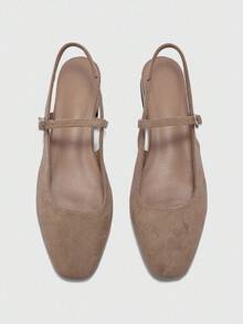 CUCCOO BIZCHIC 女士杏仁头露跟平底鞋，粗跟，简约设计，通勤和日常穿着皆宜 - 杏色 - 查看 2