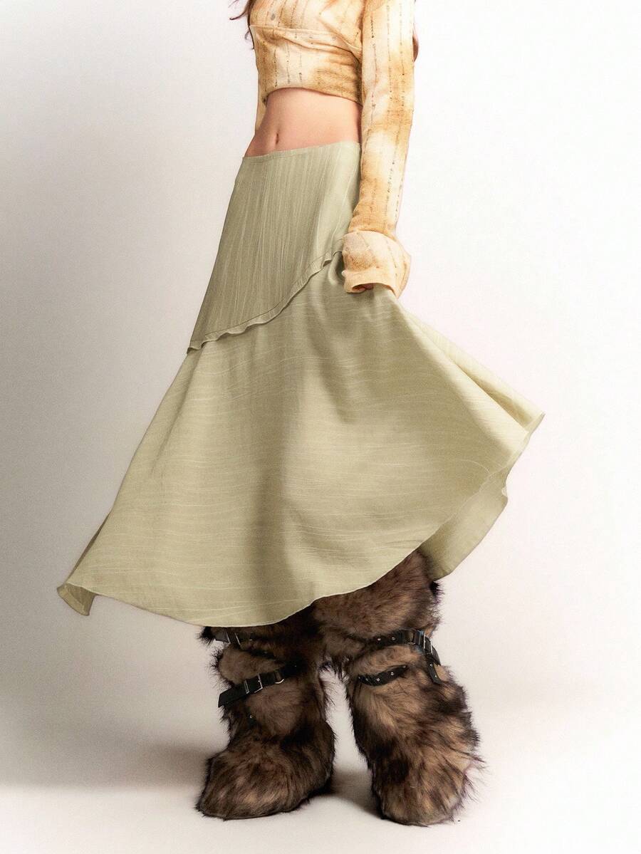 Bloopia 复古波西米亚风休闲个性简约女装秋冬万圣节波浪纹理不对称下摆修身半身裙 - 卡其色 - 查看 1