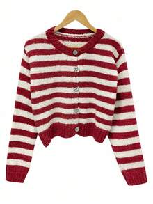 DAZY Soft & Cozy Red Striped Cardigan Sweater For Women, Autumn/Winter Long Sleeve Tops - Red - View 3