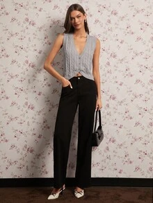 Enchnt Autumn/Winter Romantic Women's Casual Grey V-Neck Versatile Knit Vest,  Sweet&Elegant&Fashionable For Vacation&Date&Holiday&Birthday&Party&Graduation&Wedding Guest&Office&Going Out,Back To School,Fall Sweaters For Women,Autumn Clothes - Light Grey - View 3