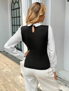 Pariaura Camiseta de manga larga a rayas con parches y cuello casual para mujer, otoño