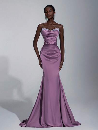 Elitara Elegant Dark Purple Satin Tube Top Neckline With Gorgeous White Hand-Made Three-Dimensional Beading, Slim Waist Pleated Fishtail Train, Suitable For Wedding Events, Bachelorette Parties, Holiday Dances, Festivals, Autumn And Winter Weddings, Luxury Evening Dress (Heavy Style)