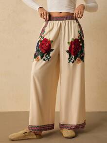 SHEIN VCAY Pantalon large à taille contrastée et imprimé floral pour femmes grandes tailles, confortable pour l'automne et l'hiver, idéal pour la plage - Multicolore - Voir 5