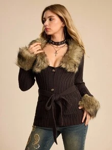 ROMWE EDITION Women's Autumn/Winter Fur Collar Long Sleeve Single-Breasted Fitted Fashionable Knitted Cardigan - Brown - View 4
