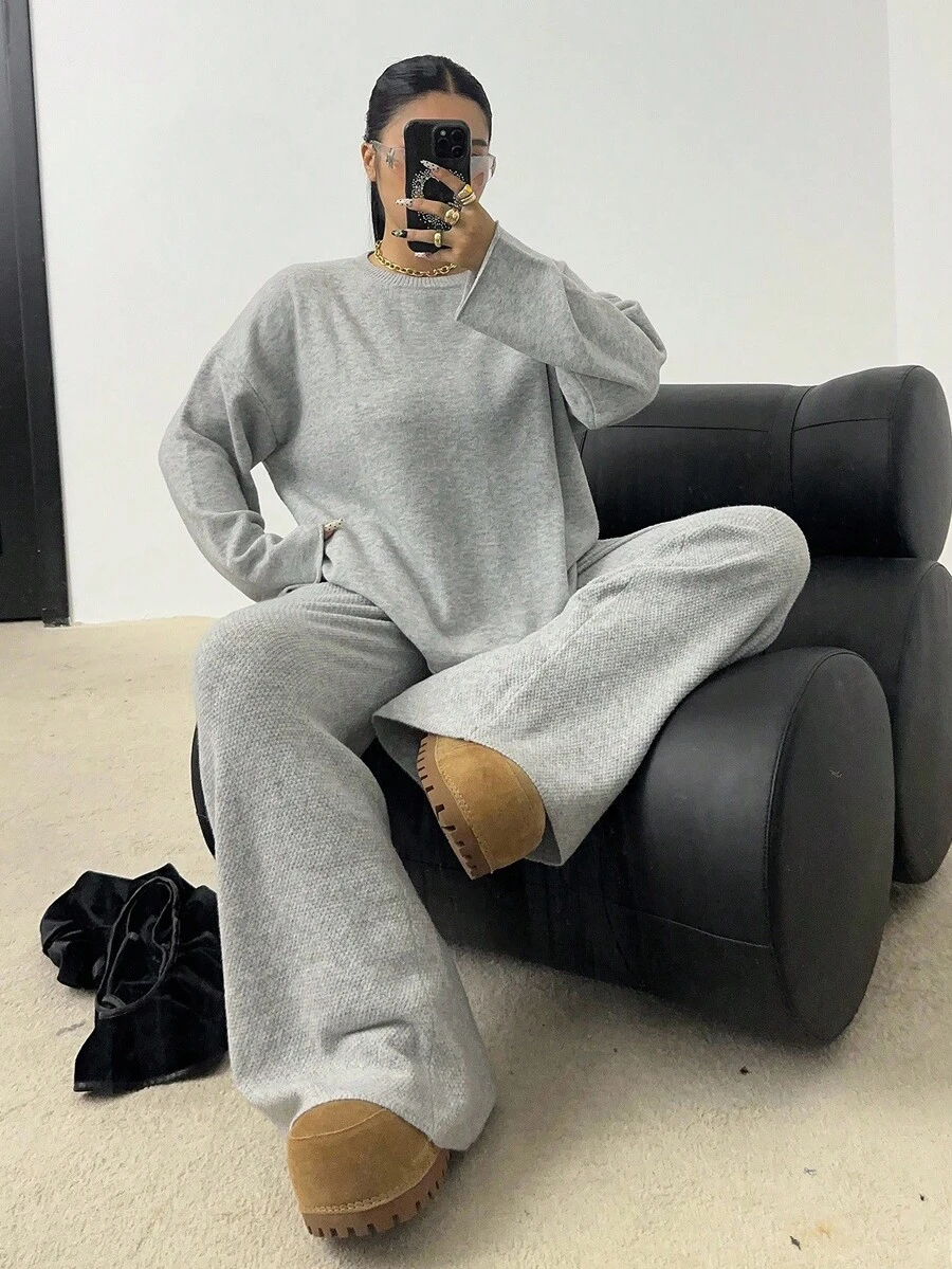 POPSWAY Autumn/Winter Fashion Minimalist Elegant Loose Fit Hoodie And Wide Leg Pants 2 Pieces Set - Grey - View 1